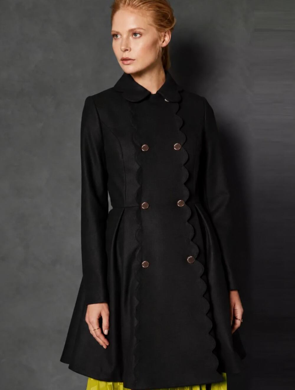 Ted Baker Blarnch Scallop-Edge Coat Black Size 5 XL Wool Cashmere